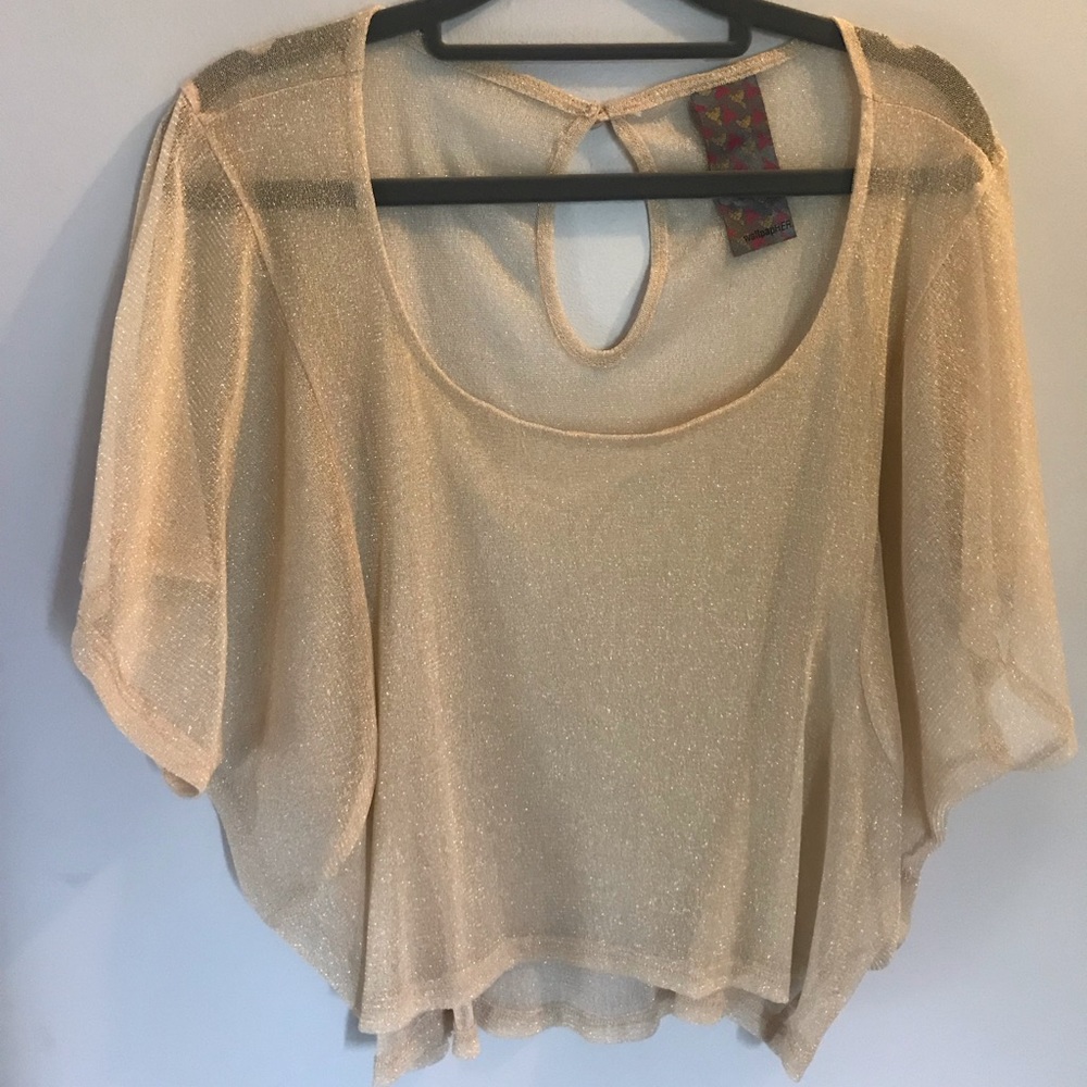 Sheer cropped gold sparkle blouse. Holiday party